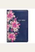 Kjv Holy Bible Standard Size Faux Leather Red Letter Edition - Thumb Index & Ribbon Marker, King James Version, Blue Floral, Zipper Closure